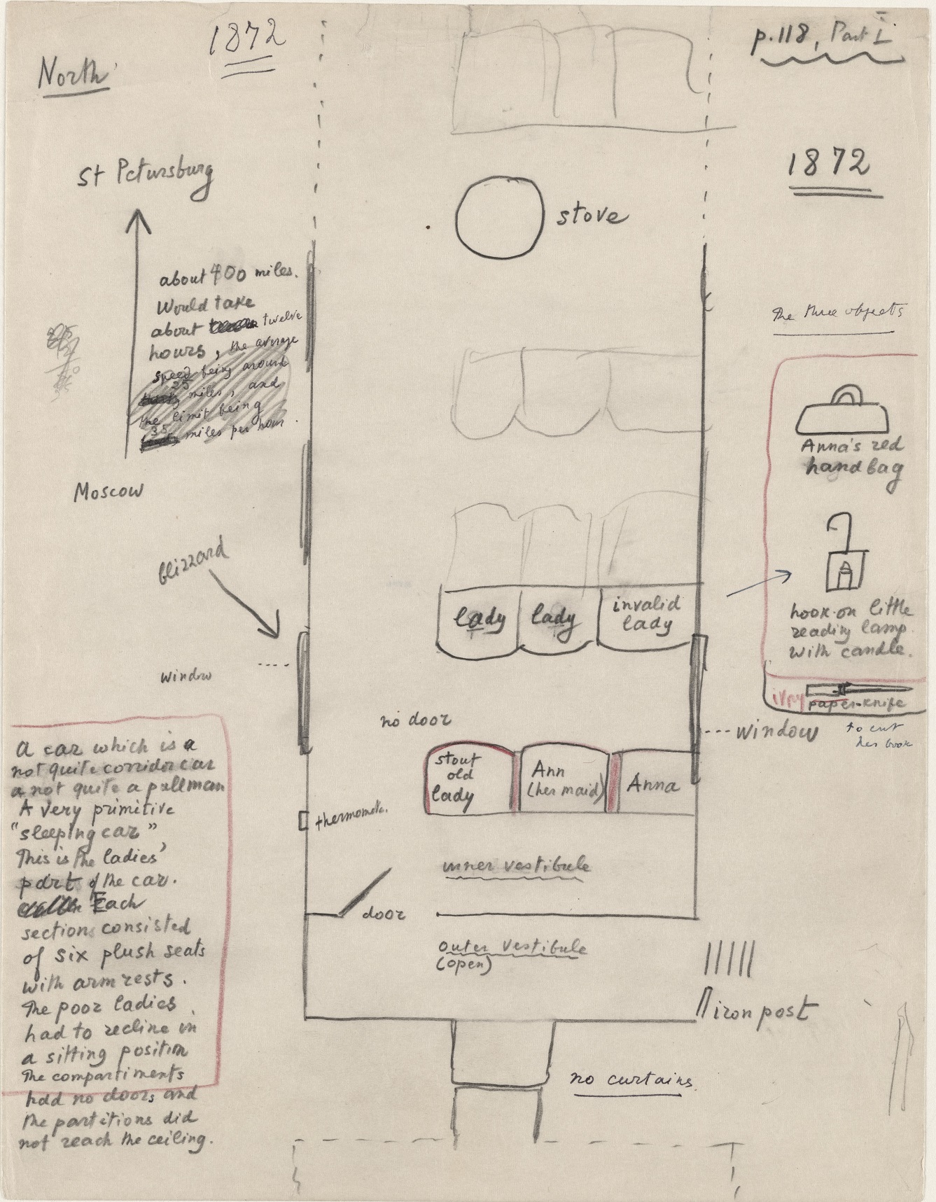 Nabokov's sketch of the train-car layout